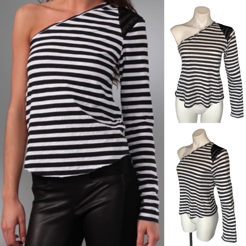 Pencey One Shoulder French Stripe Breton Lace Top
